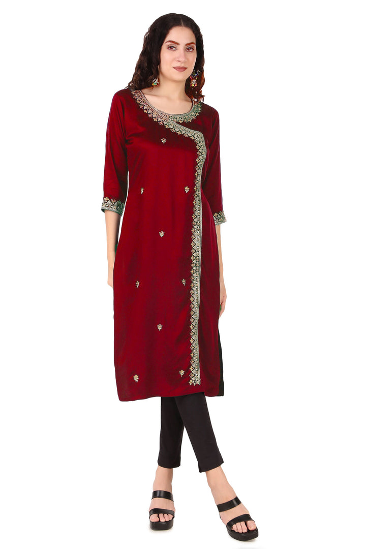 Ladyline Partywear Silk Embroidered Womens Long Tunic Top Angrakha Pattern Kurti Kurta Dress