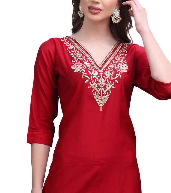 Ladyline Women's Rayon Silk Embroidered Tunic Top Plain V Neck Kurti Kurta 3/4 Length Sleeves