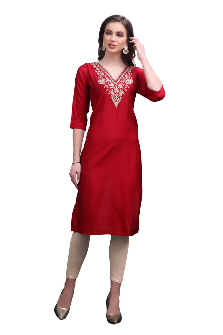 Ladyline Women's Rayon Silk Embroidered Tunic Top Plain V Neck Kurti Kurta 3/4 Length Sleeves