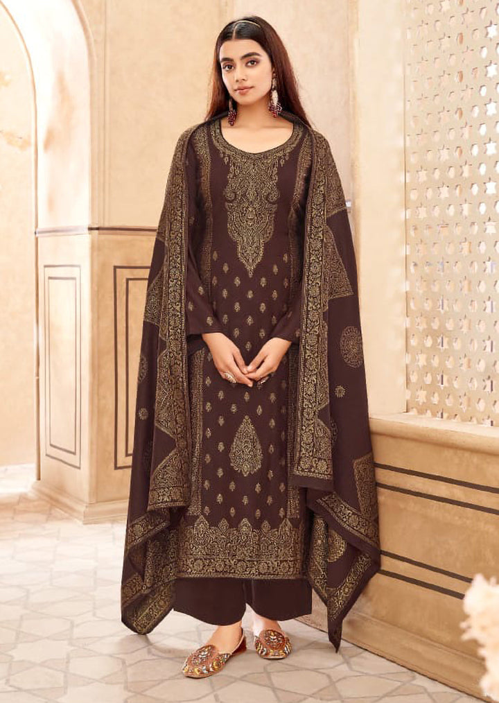 Ladyline Party Wear Pashmina Long Salwar Kameez Jacquard Weaving Winter Formal Indian Dress