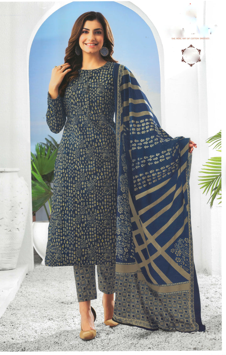 Ladyline Ethnic Cotton Printed Salwar Kameez - Cambric Kurta, Soft Cotton Dupatta and Pants - Ethnic Casual Salwar Suit Set