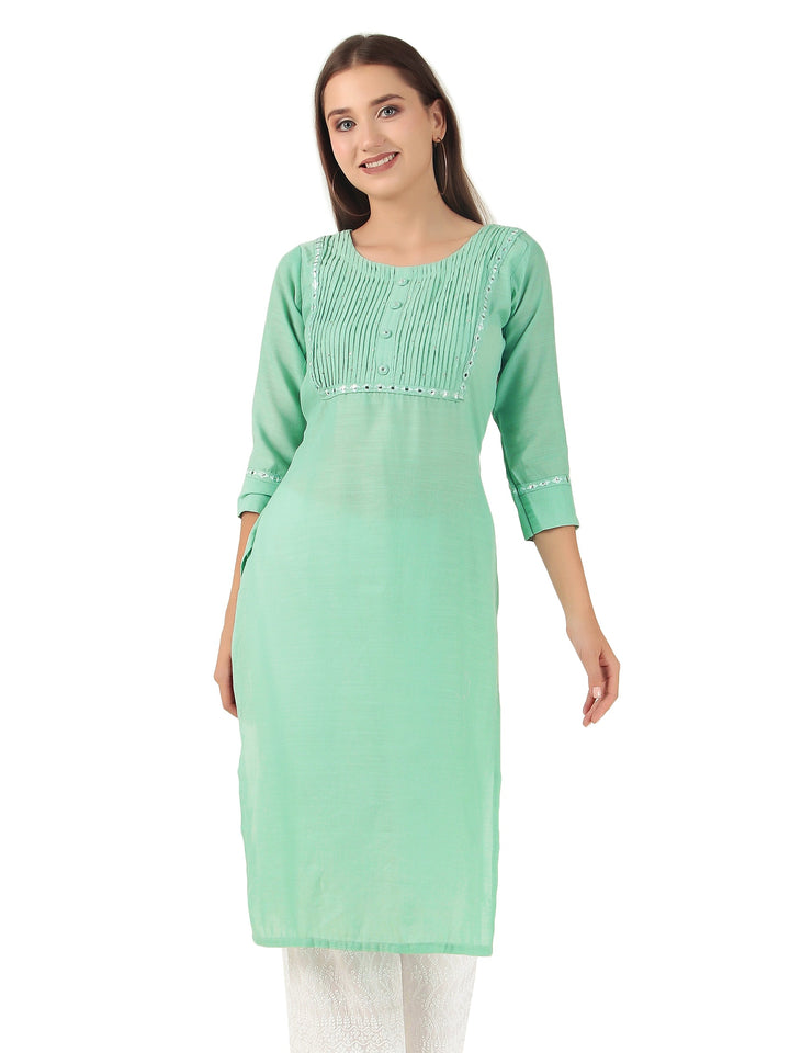 Ladyline Rayon Knee Length Tunic Top Embroidered Mirror Work Round Neck Show Buttons Kurti