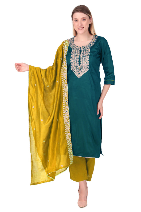 Ladyline Womens Silky Cotton Salwar Kameez Suit Gold Ari Embroidered with Embroidery Dupatta