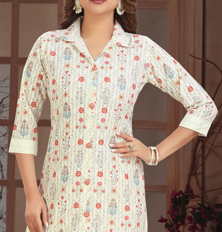 Ladyline Women's Rayon Chikankari Tunic - Shirt Collar, Printed, Front Slit, Button-Down Kurti/Kurta