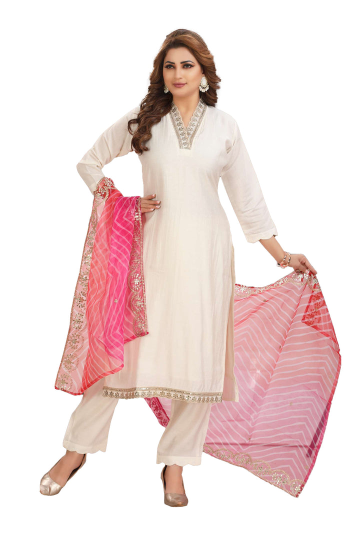 Ladyline White Silk Salwar Kameez Gota Lace Embroidered | Leheriya Printed Dupatta