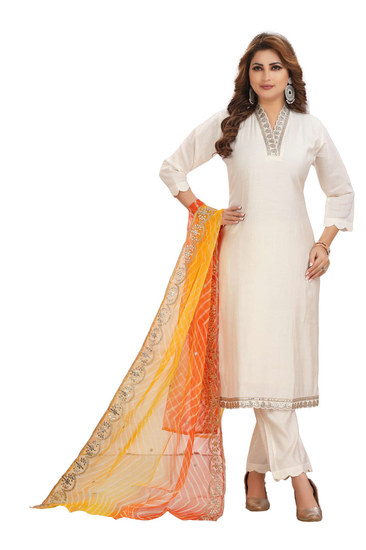 Ladyline White Silk Salwar Kameez Gota Lace Embroidered | Leheriya Printed Dupatta