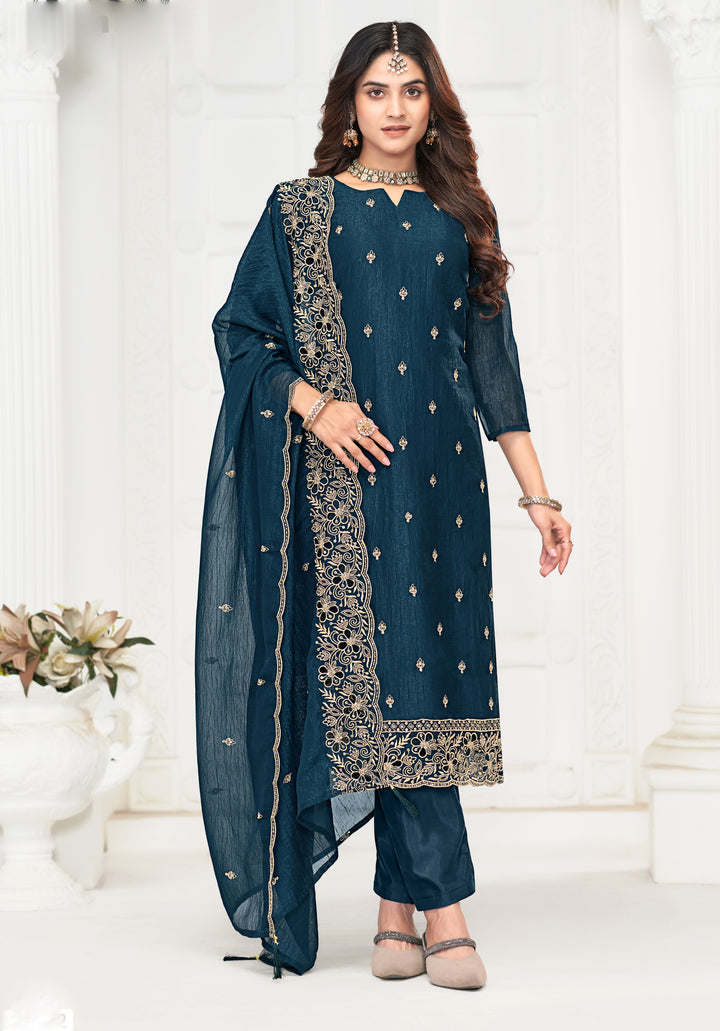 Ladyline Formal Shimmer Silk Embroidered Salwar Kameez Set for Women - Elegant Golden Embroidery – Cutwork Dupatta - Indian Party Wear Dress