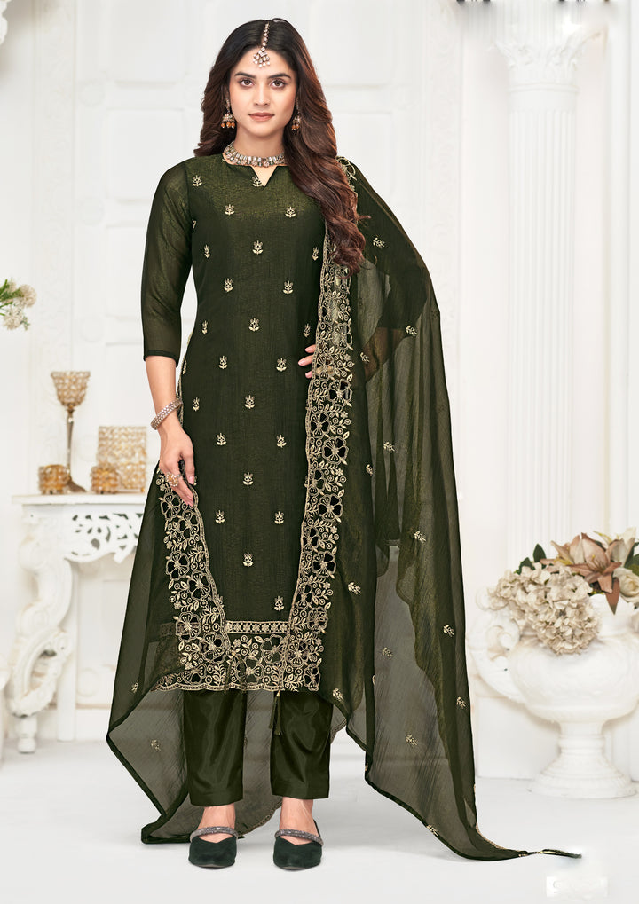 Ladyline Formal Shimmer Silk Embroidered Salwar Kameez Set for Women - Elegant Golden Embroidery – Cutwork Dupatta - Indian Party Wear Dress