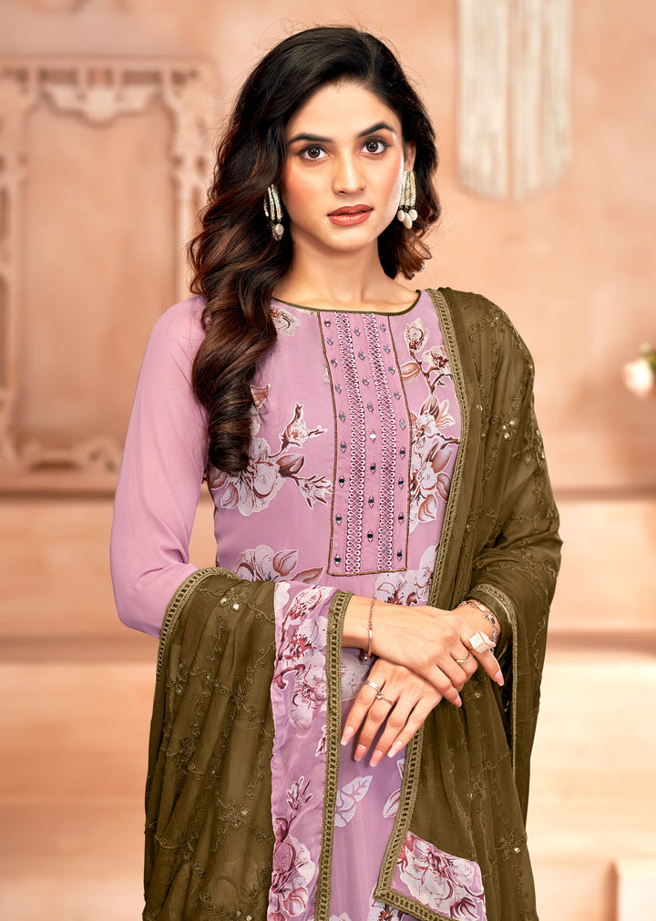 Ladyline Georgette Brasso Salwar Kameez with Mirror Work, Chiffon Embroidered Dupatta & Santoon Silk Pants – Women's 3-Piece Ethnic Set – Festive & Party Wear Dress