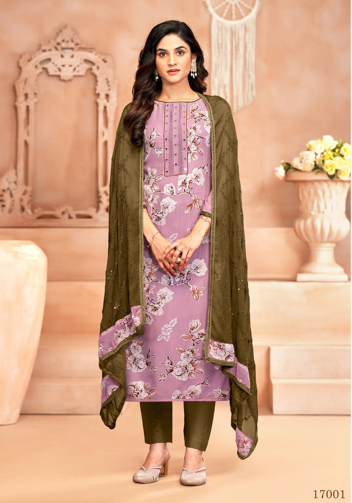 Ladyline Georgette Brasso Salwar Kameez with Mirror Work, Chiffon Embroidered Dupatta & Santoon Silk Pants – Women's 3-Piece Ethnic Set – Festive & Party Wear Dress