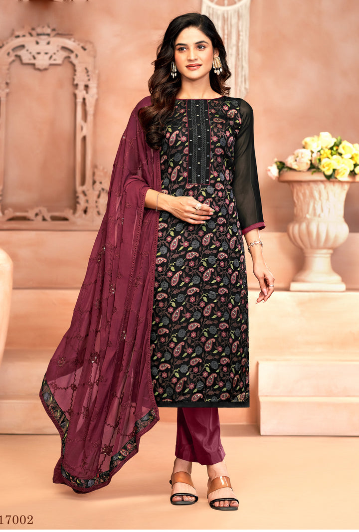 Ladyline Georgette Brasso Salwar Kameez with Mirror Work, Chiffon Embroidered Dupatta & Santoon Silk Pants – Women's 3-Piece Ethnic Set – Festive & Party Wear Dress