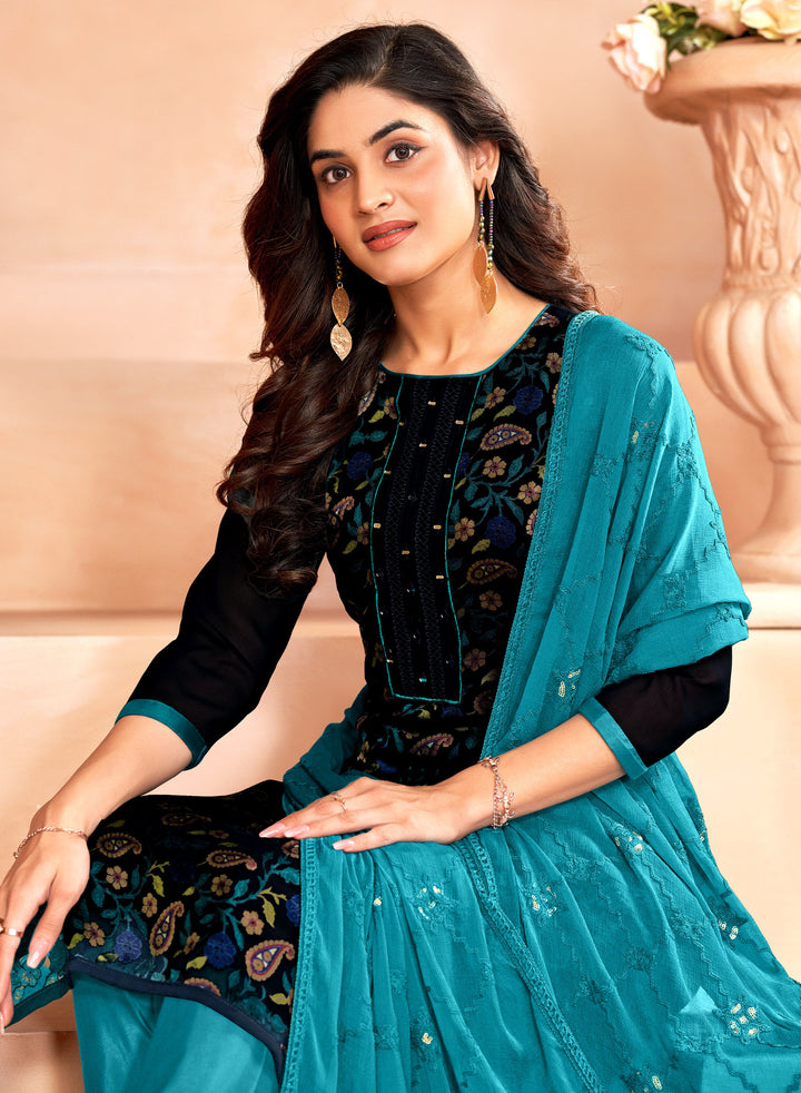 Ladyline Georgette Brasso Salwar Kameez with Mirror Work, Chiffon Embroidered Dupatta & Santoon Silk Pants – Women's 3-Piece Ethnic Set – Festive & Party Wear Dress