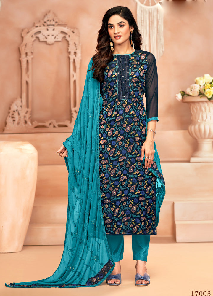 Ladyline Georgette Brasso Salwar Kameez with Mirror Work, Chiffon Embroidered Dupatta & Santoon Silk Pants – Women's 3-Piece Ethnic Set – Festive & Party Wear Dress