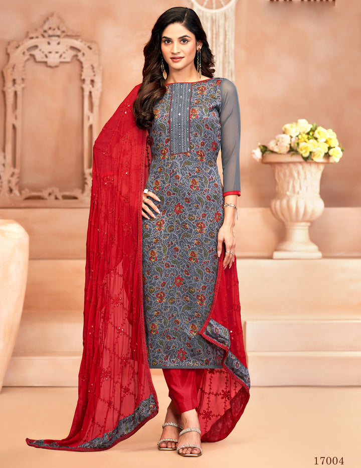 Ladyline Georgette Brasso Salwar Kameez with Mirror Work, Chiffon Embroidered Dupatta & Santoon Silk Pants – Women's 3-Piece Ethnic Set – Festive & Party Wear Dress