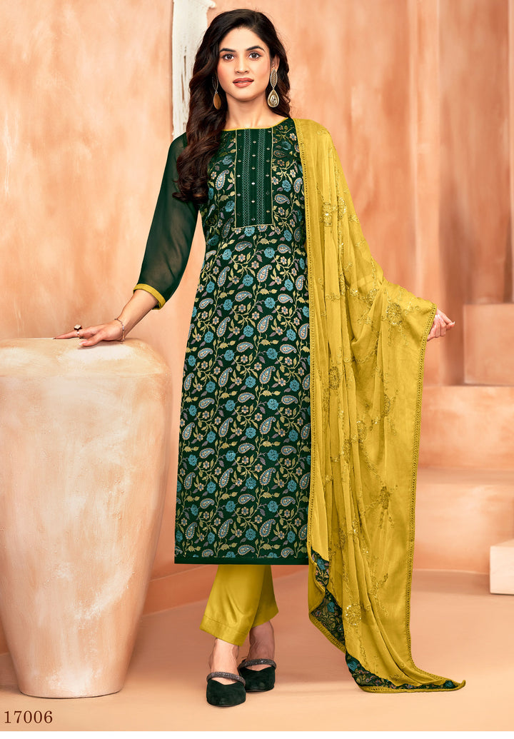 Ladyline Georgette Brasso Salwar Kameez with Mirror Work, Chiffon Embroidered Dupatta & Santoon Silk Pants – Women's 3-Piece Ethnic Set – Festive & Party Wear Dress