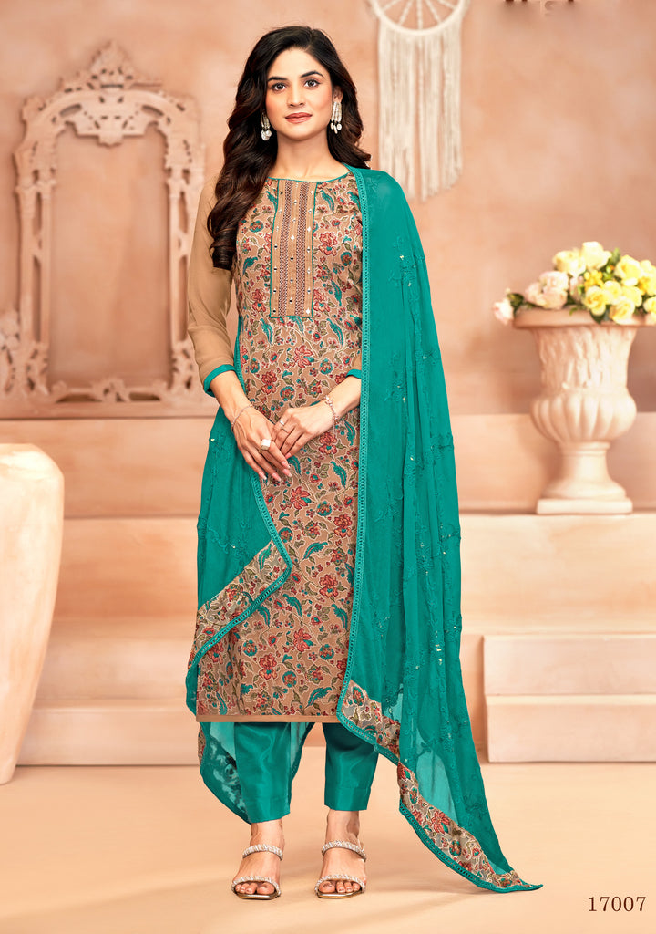 Ladyline Georgette Brasso Salwar Kameez with Mirror Work, Chiffon Embroidered Dupatta & Santoon Silk Pants – Women's 3-Piece Ethnic Set – Festive & Party Wear Dress