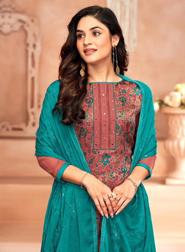 Ladyline Georgette Brasso Salwar Kameez with Mirror Work, Chiffon Embroidered Dupatta & Santoon Silk Pants – Women's 3-Piece Ethnic Set – Festive & Party Wear Dress