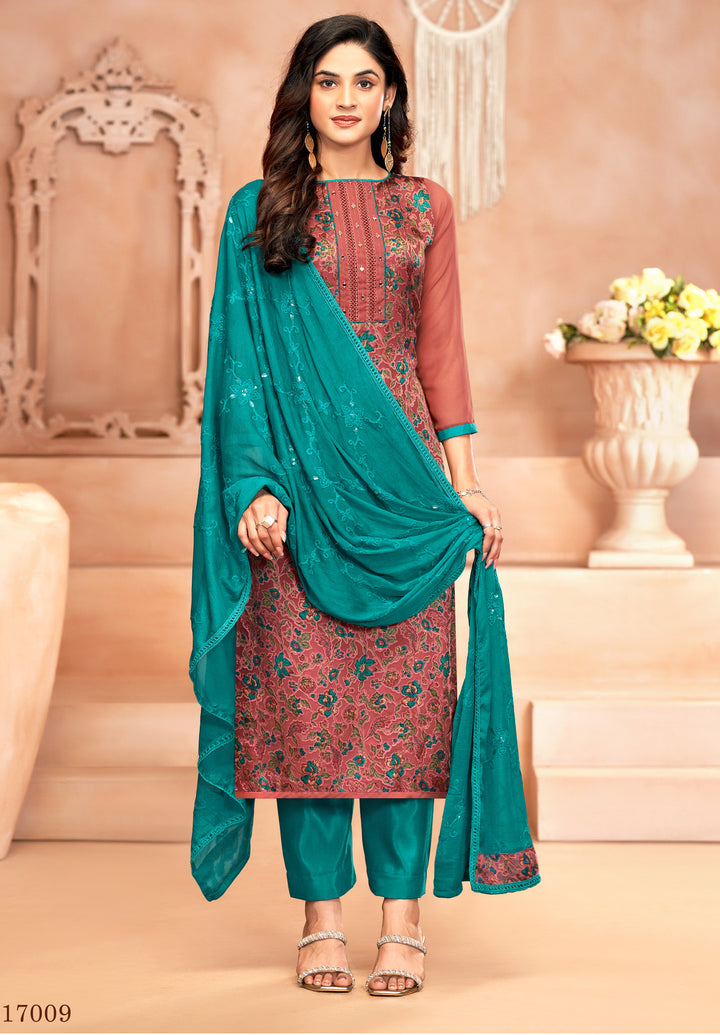 Ladyline Georgette Brasso Salwar Kameez with Mirror Work, Chiffon Embroidered Dupatta & Santoon Silk Pants – Women's 3-Piece Ethnic Set – Festive & Party Wear Dress