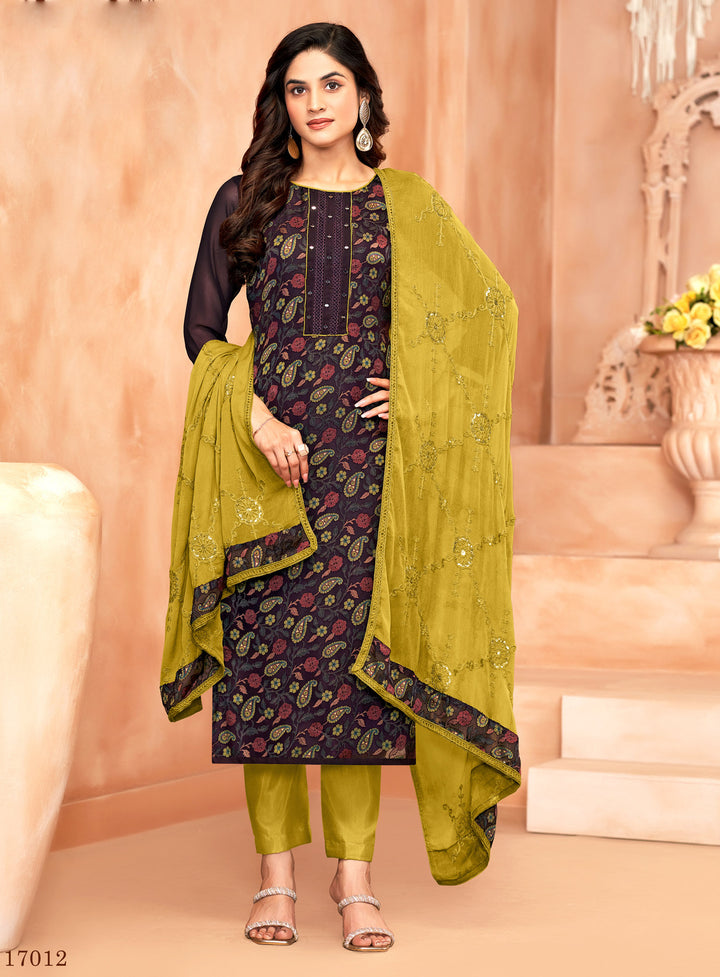 Ladyline Georgette Brasso Salwar Kameez with Mirror Work, Chiffon Embroidered Dupatta & Santoon Silk Pants – Women's 3-Piece Ethnic Set – Festive & Party Wear Dress