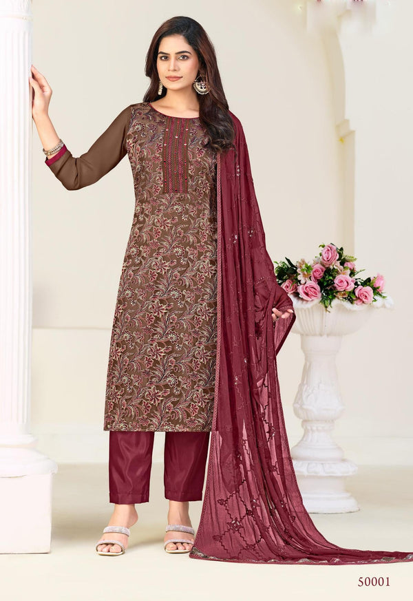Ladyline Georgette Brasso Salwar Kameez with Mirror Work, Chiffon Embroidered Dupatta & Santoon Silk Pants – Women's 3-Piece Ethnic Set – Festive & Party Wear Dress
