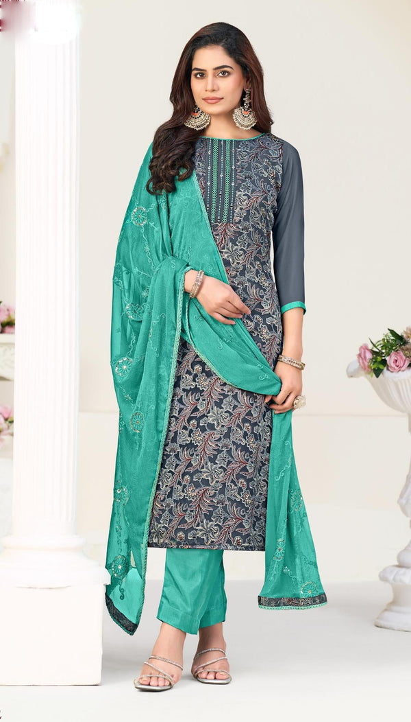 Ladyline Georgette Brasso Salwar Kameez with Mirror Work, Chiffon Embroidered Dupatta & Santoon Silk Pants – Women's 3-Piece Ethnic Set – Festive & Party Wear Dress