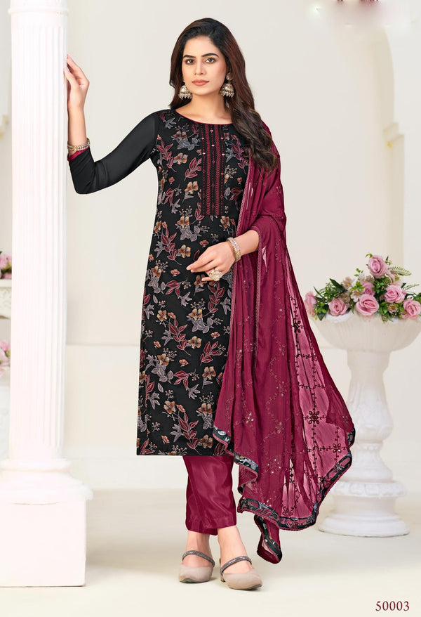 Ladyline Georgette Brasso Salwar Kameez with Mirror Work, Chiffon Embroidered Dupatta & Santoon Silk Pants – Women's 3-Piece Ethnic Set – Festive & Party Wear Dress