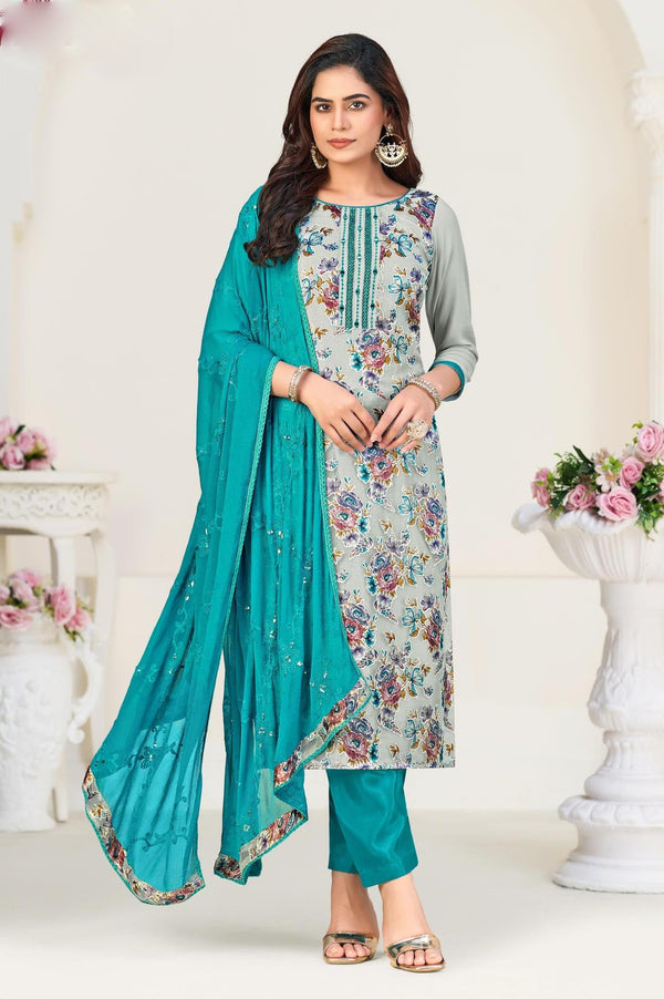 Ladyline Georgette Brasso Salwar Kameez with Mirror Work, Chiffon Embroidered Dupatta & Santoon Silk Pants – Women's 3-Piece Ethnic Set – Festive & Party Wear Dress