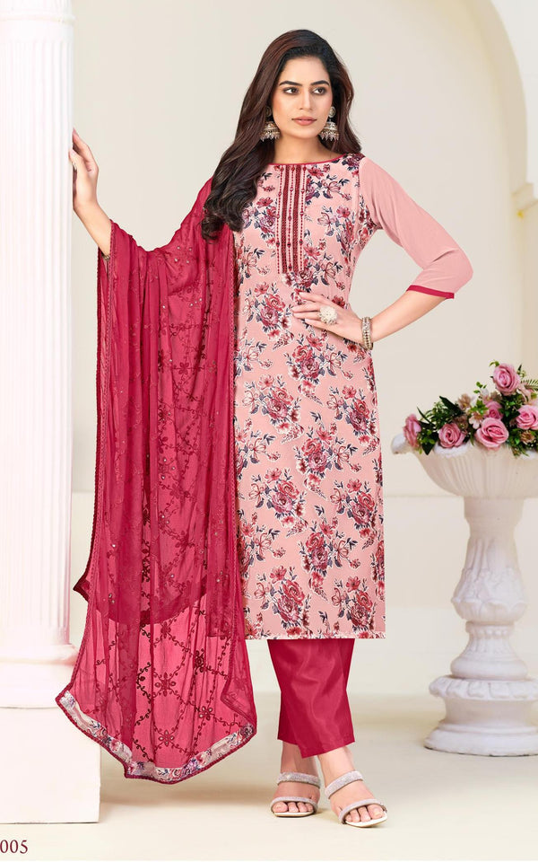 Ladyline Georgette Brasso Salwar Kameez with Mirror Work, Chiffon Embroidered Dupatta & Santoon Silk Pants – Women's 3-Piece Ethnic Set – Festive & Party Wear Dress