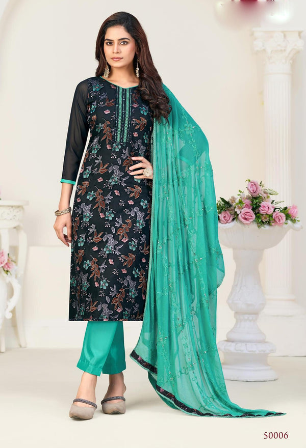 Ladyline Georgette Brasso Salwar Kameez with Mirror Work, Chiffon Embroidered Dupatta & Santoon Silk Pants – Women's 3-Piece Ethnic Set – Festive & Party Wear Dress