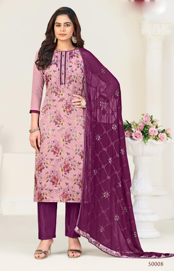 Ladyline Georgette Brasso Salwar Kameez with Mirror Work, Chiffon Embroidered Dupatta & Santoon Silk Pants – Women's 3-Piece Ethnic Set – Festive & Party Wear Dress