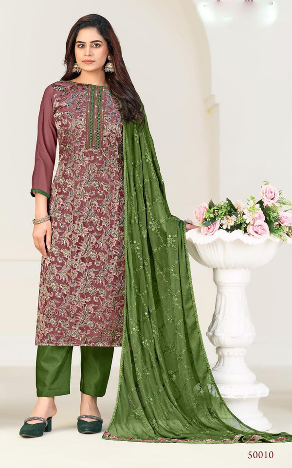 Ladyline Georgette Brasso Salwar Kameez with Mirror Work, Chiffon Embroidered Dupatta & Santoon Silk Pants – Women's 3-Piece Ethnic Set – Festive & Party Wear Dress