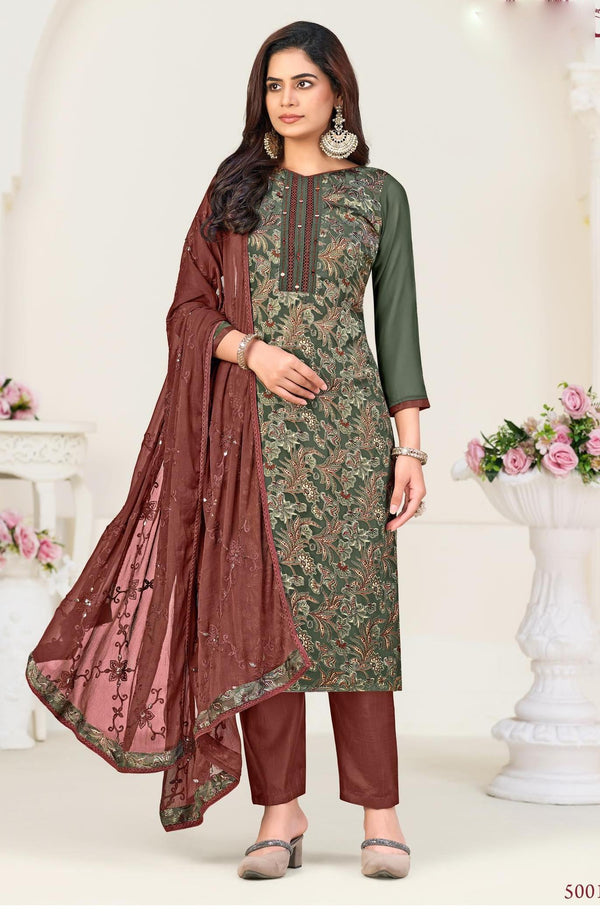 Ladyline Georgette Brasso Salwar Kameez with Mirror Work, Chiffon Embroidered Dupatta & Santoon Silk Pants – Women's 3-Piece Ethnic Set – Festive & Party Wear Dress