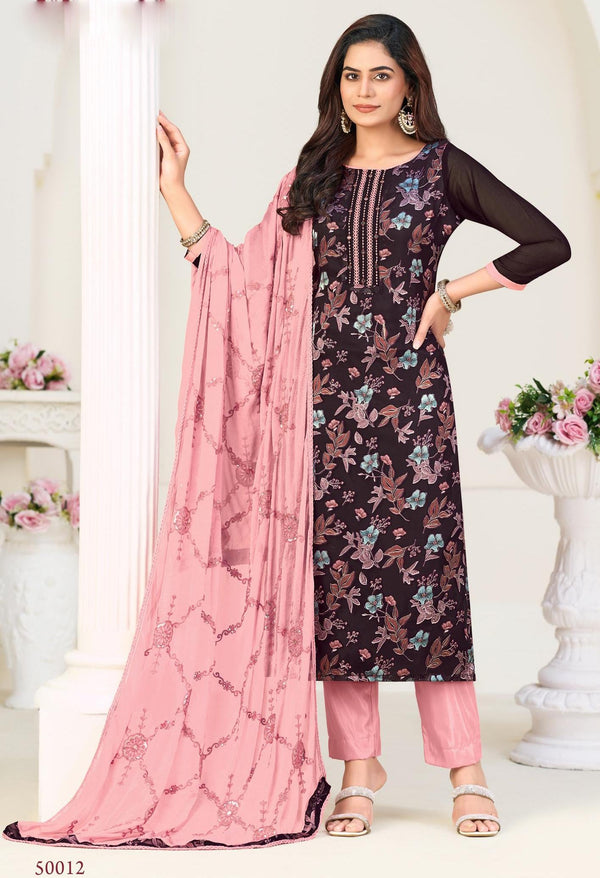 Ladyline Georgette Brasso Salwar Kameez with Mirror Work, Chiffon Embroidered Dupatta & Santoon Silk Pants – Women's 3-Piece Ethnic Set – Festive & Party Wear Dress