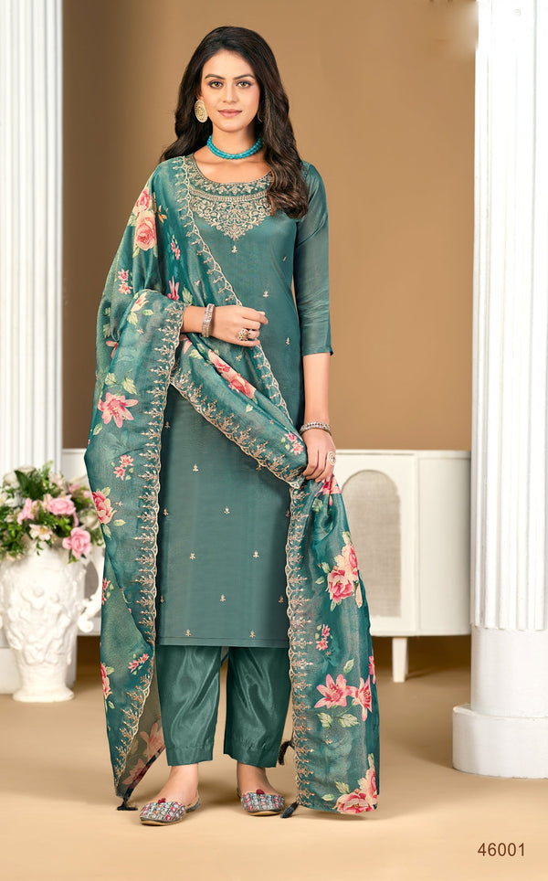 Ladyline Party Wear Shimmer Silk Embroidered Salwar Kameez Suit Set for Women - Elegant Golden Embroidery – Cutwork Silk Dupatta - Indian Formal Dress