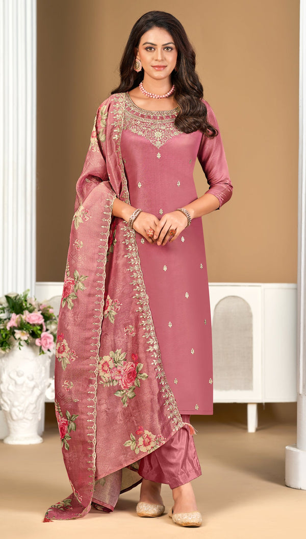 Ladyline Party Wear Shimmer Silk Embroidered Salwar Kameez Suit Set for Women - Elegant Golden Embroidery – Cutwork Silk Dupatta - Indian Formal Dress