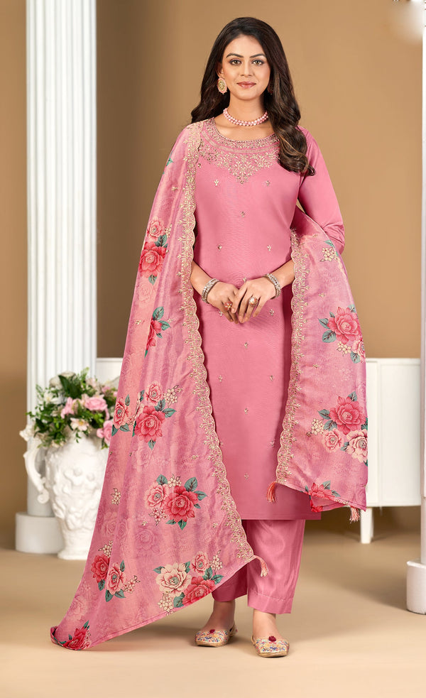 Ladyline Party Wear Shimmer Silk Embroidered Salwar Kameez Suit Set for Women - Elegant Golden Embroidery – Cutwork Silk Dupatta - Indian Formal Dress