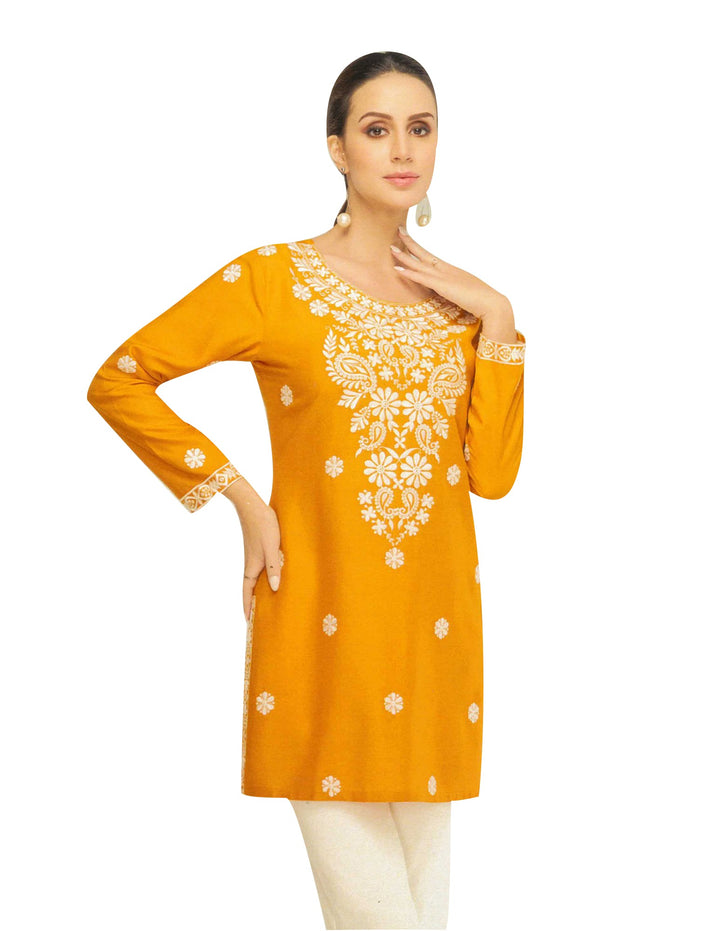 Ladyline Rayon Chikankari Tunic Top Lucknowi Embroidered Short Kurti Kurta for Women