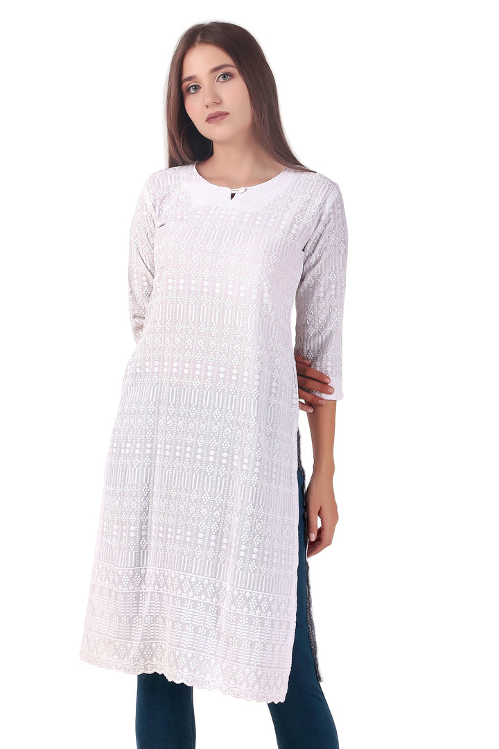 Ladyline Women's White Rayon Tunic Top - Chikankari Embroidered Round Neck Kurti Kurta