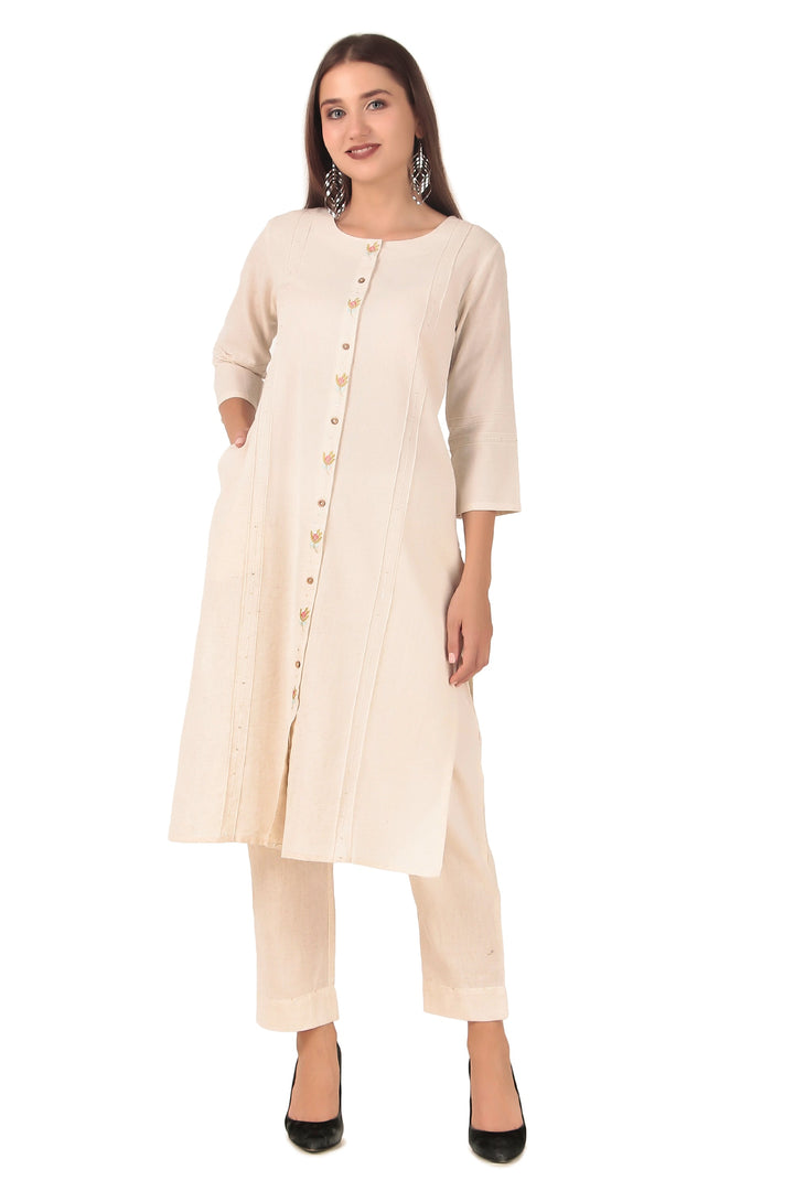 Ladyline Women's 2-Piece Cotton Co-Ord Set - Kurta with Palazzo Pants, Linen Look with Embroidery