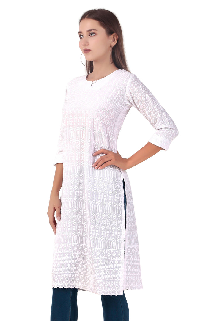 Ladyline Women's White Rayon Tunic Top - Chikankari Embroidered Round Neck Kurti Kurta