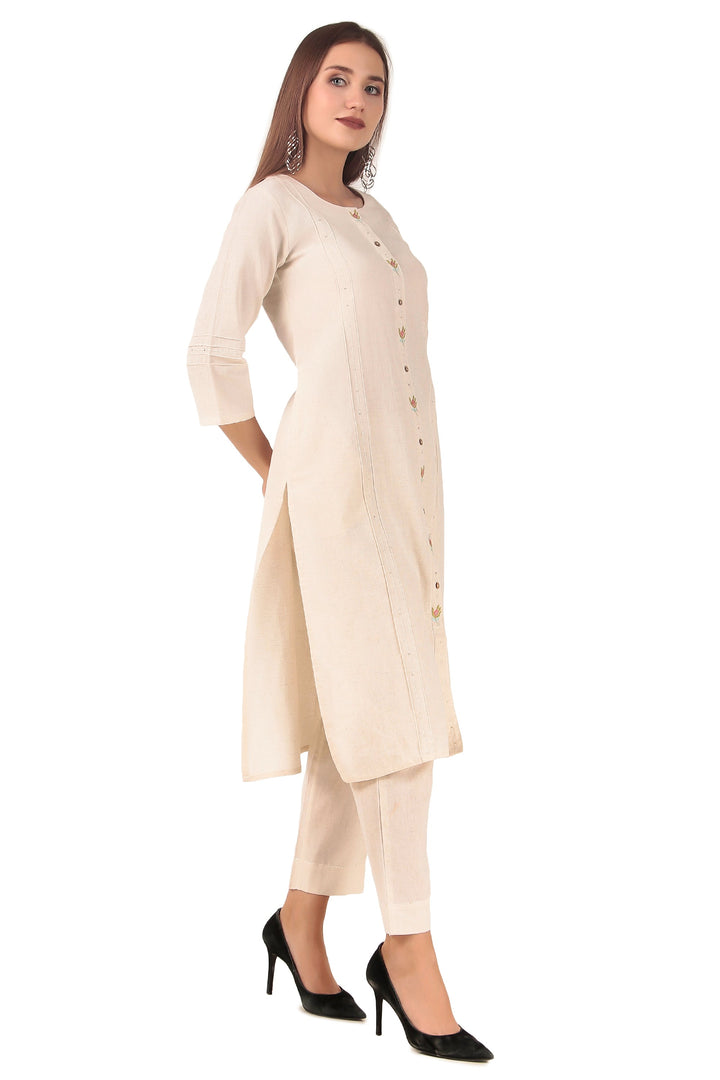 Ladyline Women's 2-Piece Cotton Co-Ord Set - Kurti with Palazzo Pants, Linen Look with Embroidery