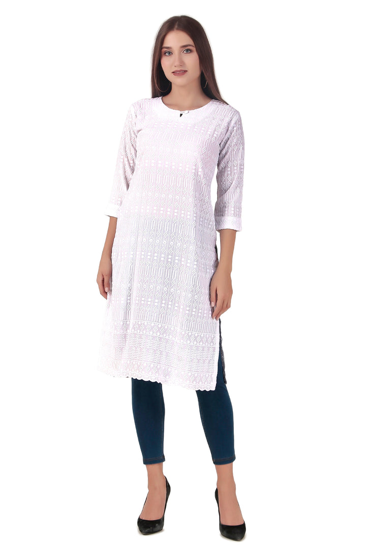 Ladyline Women's White Rayon Tunic Top - Chikankari Embroidered Round Neck Kurti Kurta