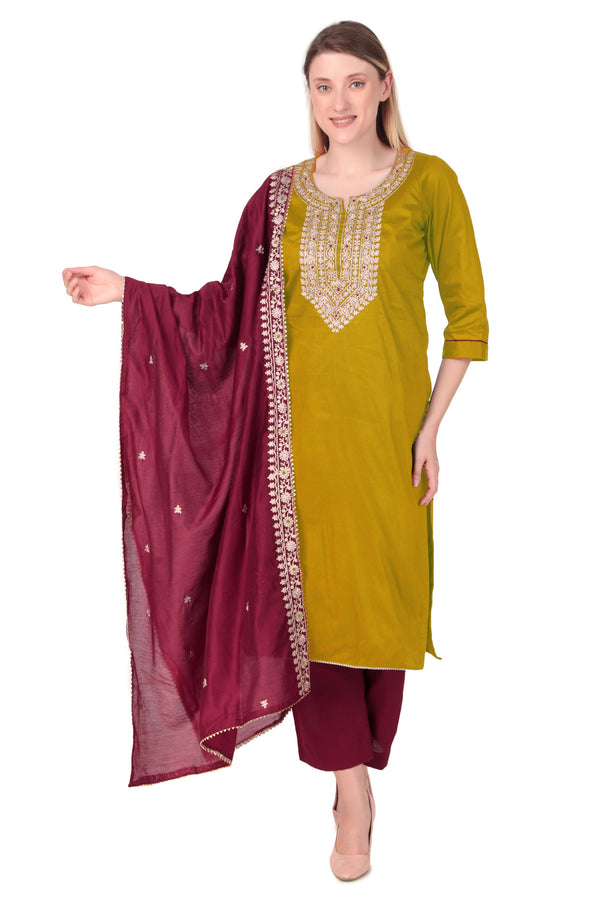 Ladyline Womens Silky Cotton Salwar Kameez Suit Gold Ari Embroidered with Embroidery Dupatta