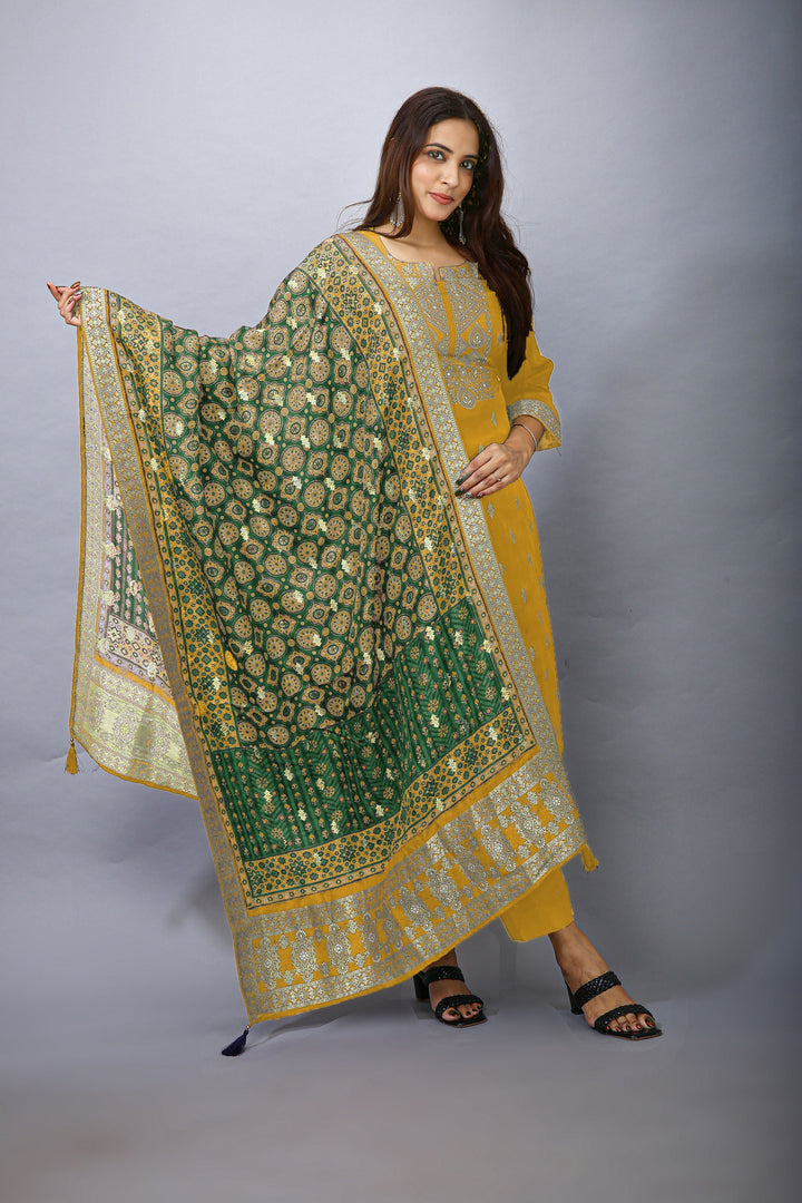 Ladyline Jacquard Silk Weaving Salwar Kameez - Brocade Patola Printed Dupatta Indian Dress