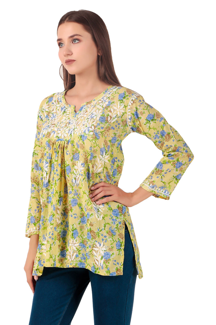 Ladyline Women's Lucknowi Hand Embroidered Tunic Top - Soft Lawn Cotton Kurti / Kurta