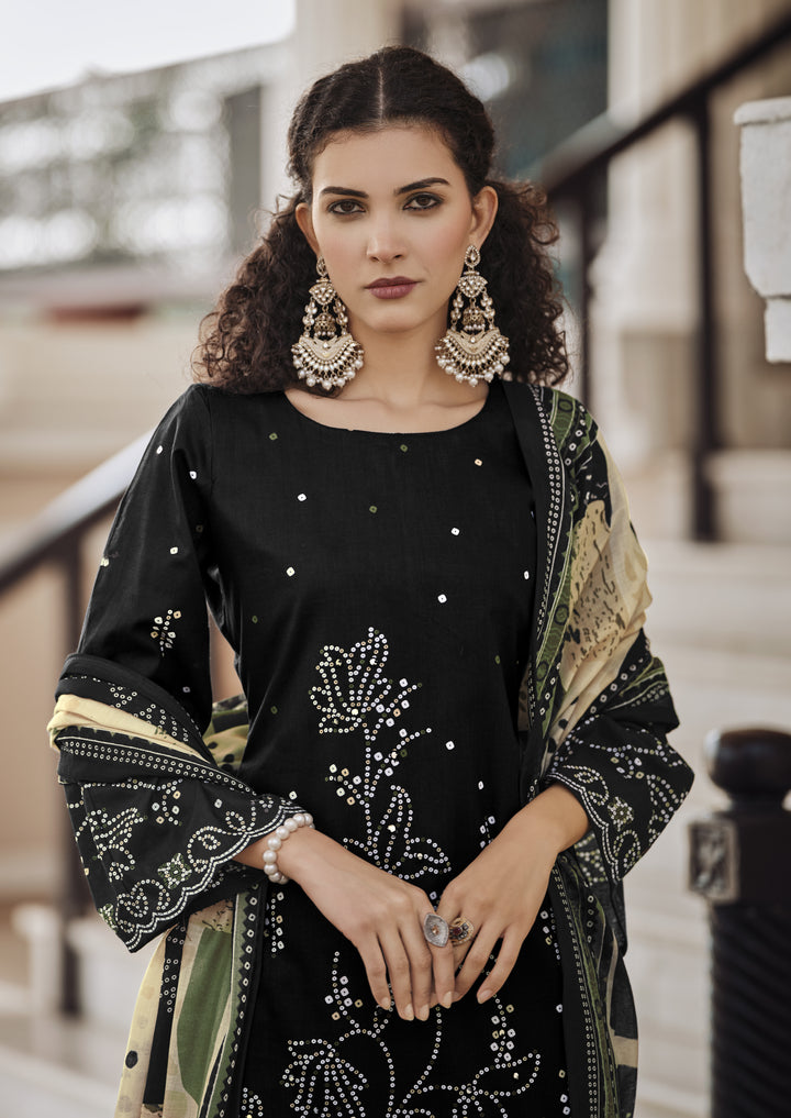 Ladyline Cotton Bandhej Printed Salwar Kameez Suit for Women - Ethnic Mirror Work - Cotton Dupatta with Straight Pants - 3/4 Sleeves