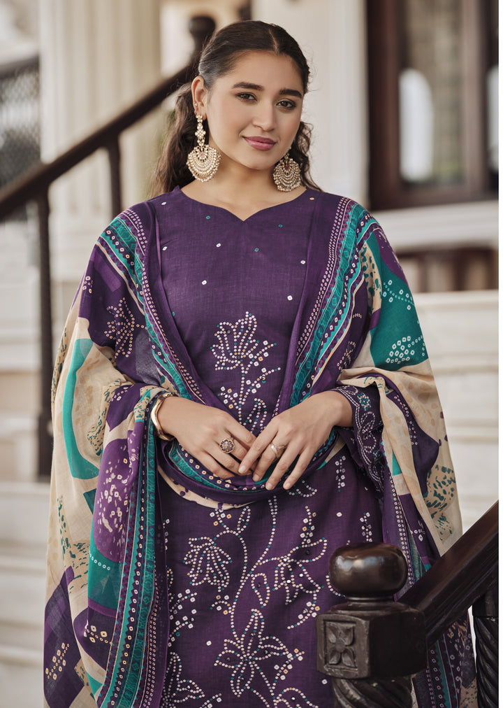 Ladyline Cotton Bandhej Printed Salwar Kameez Suit for Women - Ethnic Mirror Work - Cotton Dupatta with Straight Pants - 3/4 Sleeves