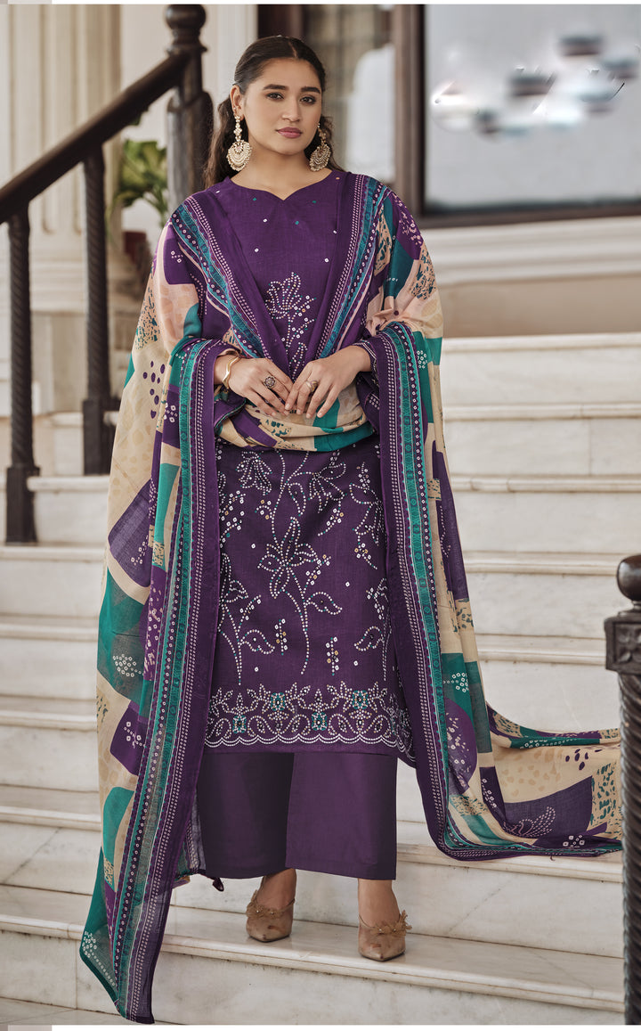 Ladyline Cotton Bandhej Printed Salwar Kameez Suit for Women - Ethnic Mirror Work - Cotton Dupatta with Straight Pants - 3/4 Sleeves