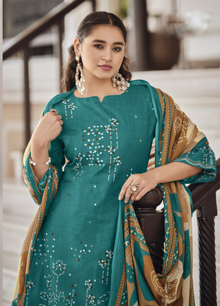 Ladyline Cotton Bandhej Printed Salwar Kameez Suit for Women - Ethnic Mirror Work - Cotton Dupatta with Straight Pants - 3/4 Sleeves