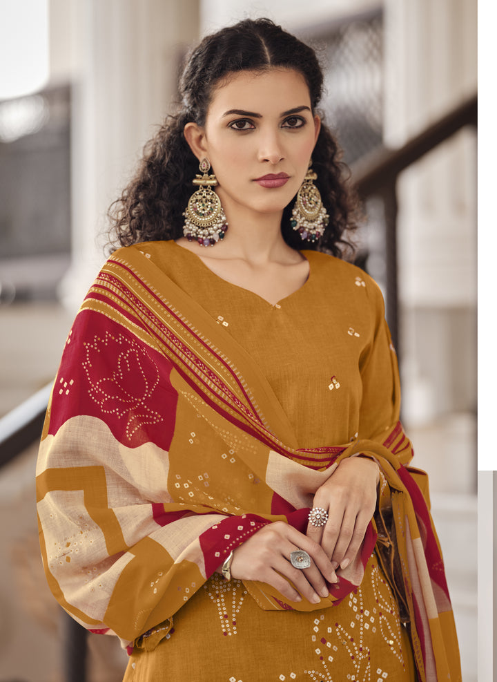 Ladyline Cotton Bandhej Printed Salwar Kameez Suit for Women - Ethnic Mirror Work - Cotton Dupatta with Straight Pants - 3/4 Sleeves